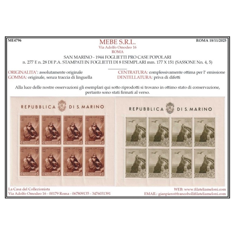 SAN MARINO 1944 FOGLIETTI PRO CASE POPOLARI 2 V. N.4-5 G.I MNH** CE...