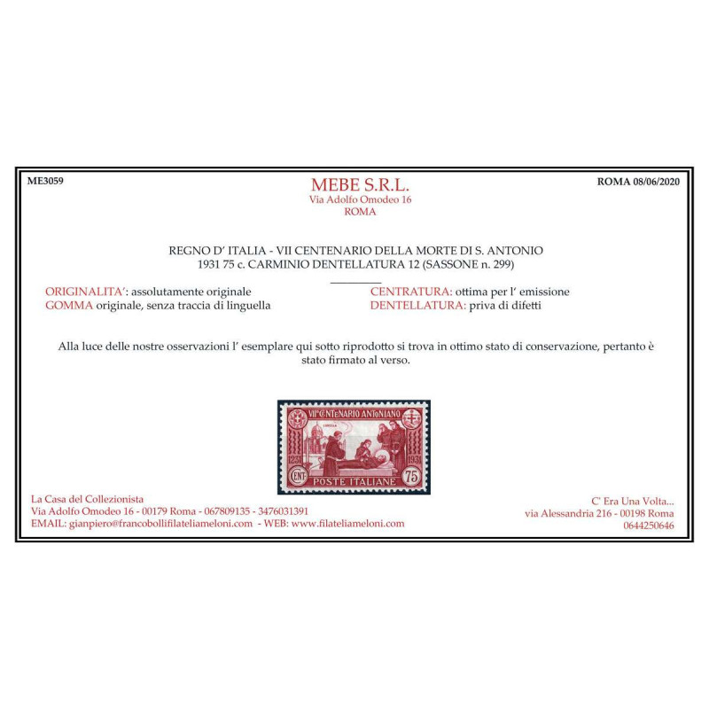 REGNO D'ITALIA 1931 S. ANTONIO 75 CENTESIMI DENT.12 G.I MNH** CERT....