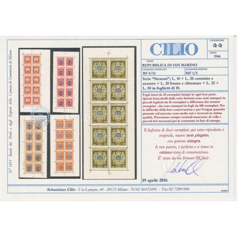 SAN MARINO 1945-46 MINIFOGLI STEMMI 5 V. N.1-5 G.I MNH** CERT.  | F...