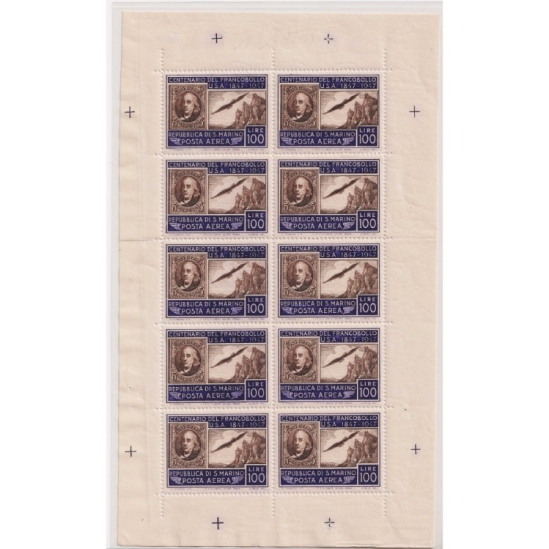 SAN MARINO 1945-46 MINIFOGLIO CENTENARIO AMERICANO USA 100 L. N.8 G...