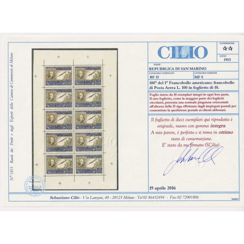 SAN MARINO 1945-46 MINIFOGLIO CENTENARIO AMERICANO USA 100 L. N.8 G...