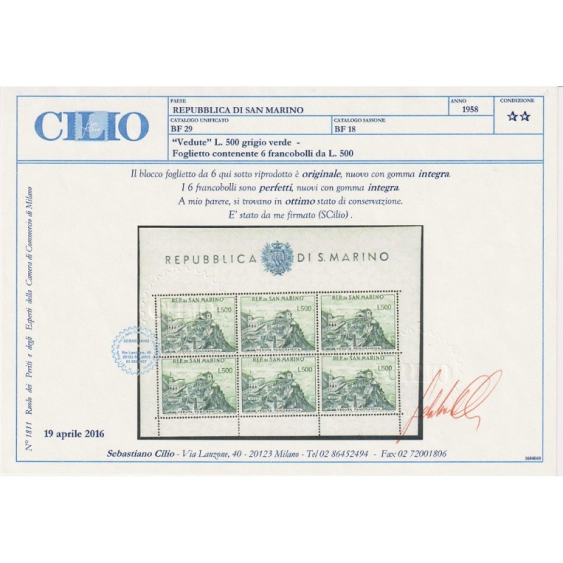 SAN MARINO 1958 FOGLIETTO VEDUTA 500 L. N.18 G.I MNH** CERT.  | Fil...