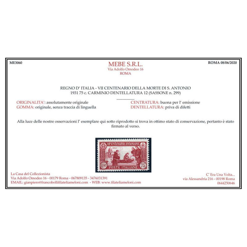 REGNO D'ITALIA 1931 S. ANTONIO 75 CENTESIMI DENT.12 G.I MNH** CERT....