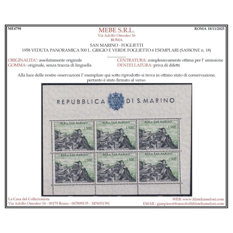 SAN MARINO 1958 FOGLIETTO VEDUTA 500 L. N.18 G.I MNH** CERT.  | Fil...