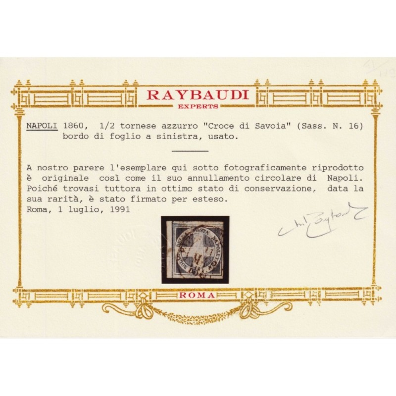 NAPOLI 1860 ½ TORNESE CROCETTA N.16 US. CERT.  | Filatelia Meloni