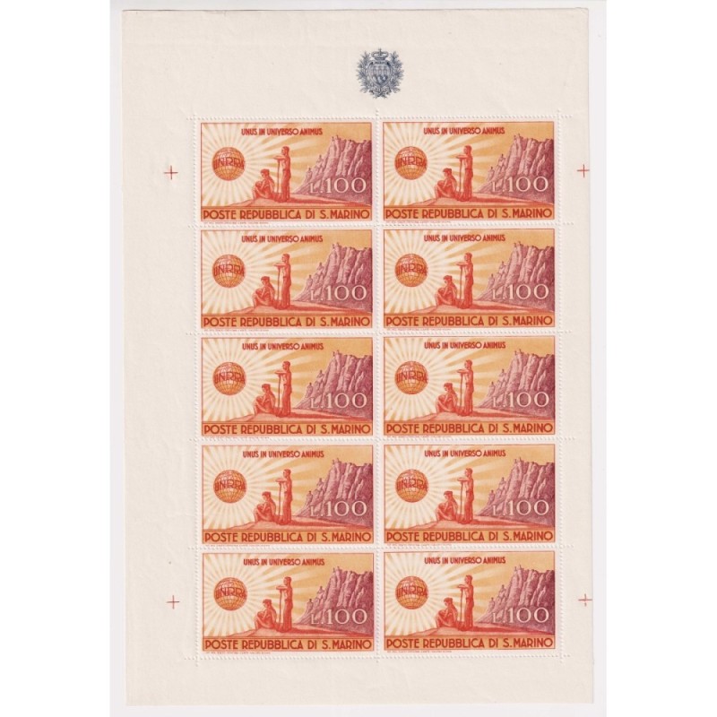 SAN MARINO 1946 MINIFOGLIO UNRRA 100 L. N.6 G.I MNH** CERT.  | Fila...