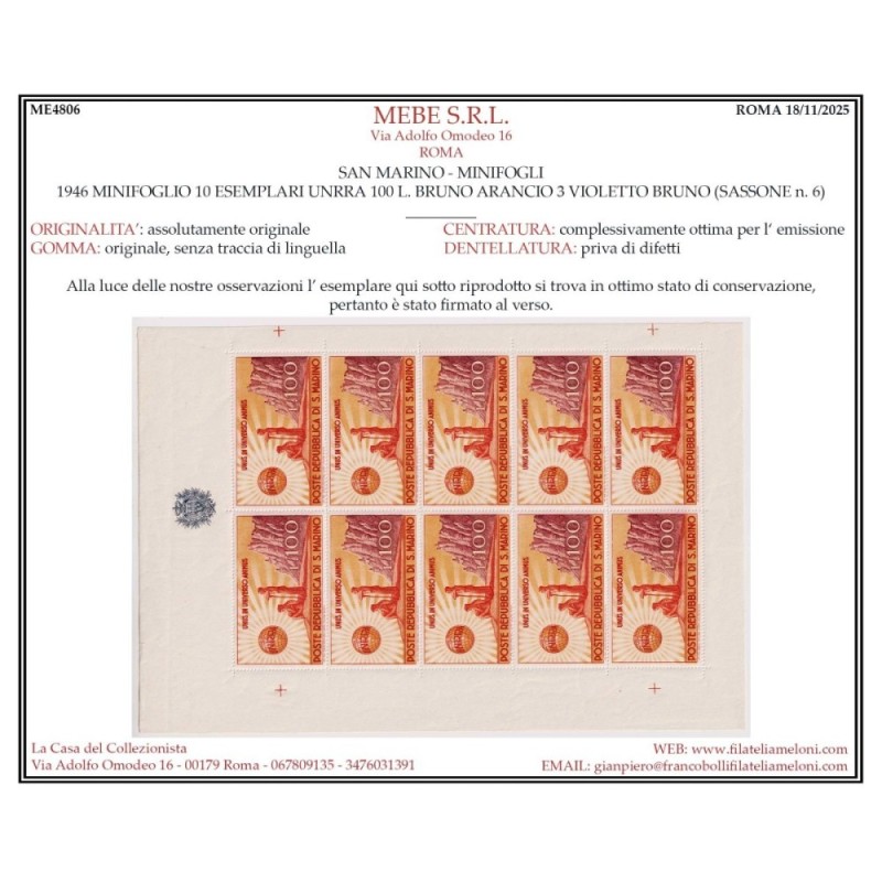 SAN MARINO 1946 MINIFOGLIO UNRRA 100 L. N.6 G.I MNH** CERT.  | Fila...