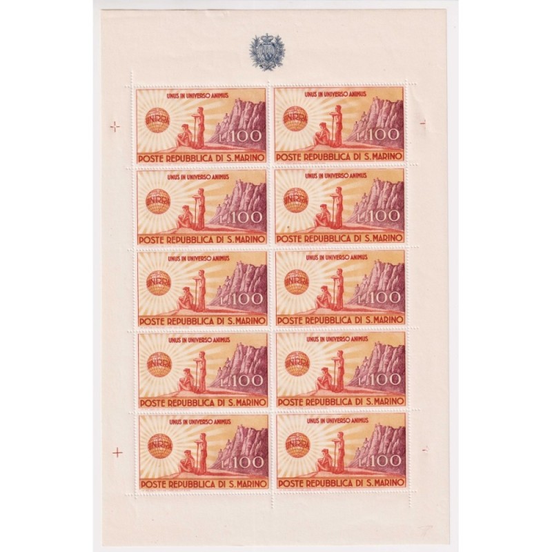 SAN MARINO 1946 MINIFOGLIO UNRRA 100 L. N.6 G.I MNH** CERT.  | Fila...