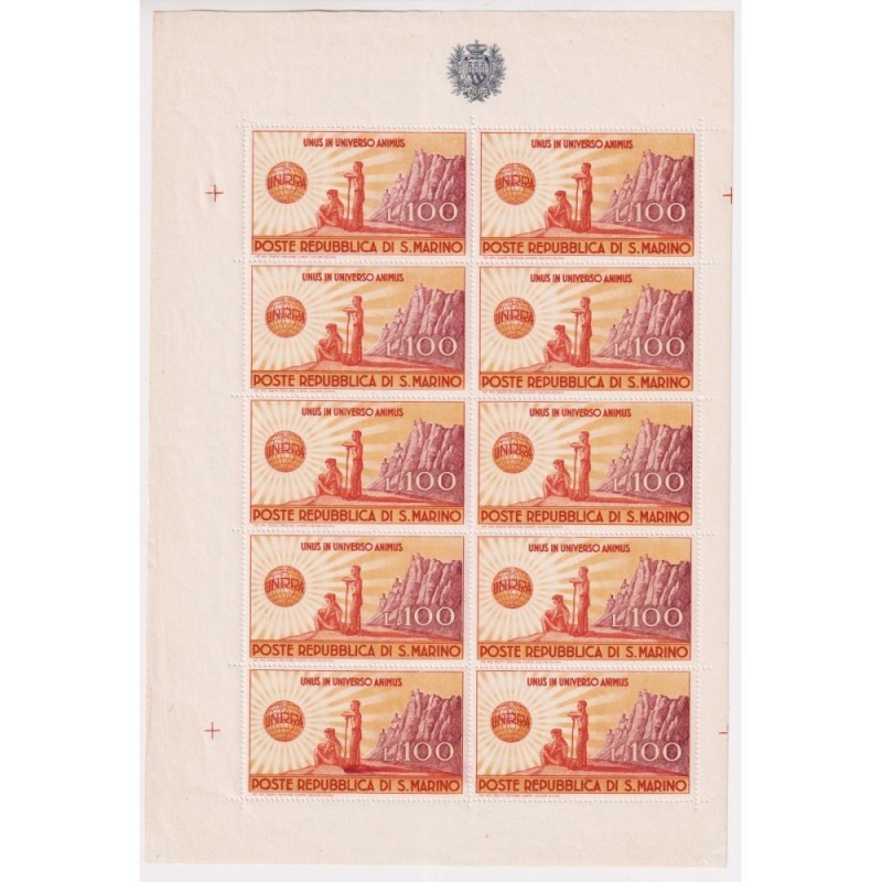 SAN MARINO 1946 MINIFOGLIO UNRRA 100 L. N.6 G.I MNH** CERT.  | Fila...