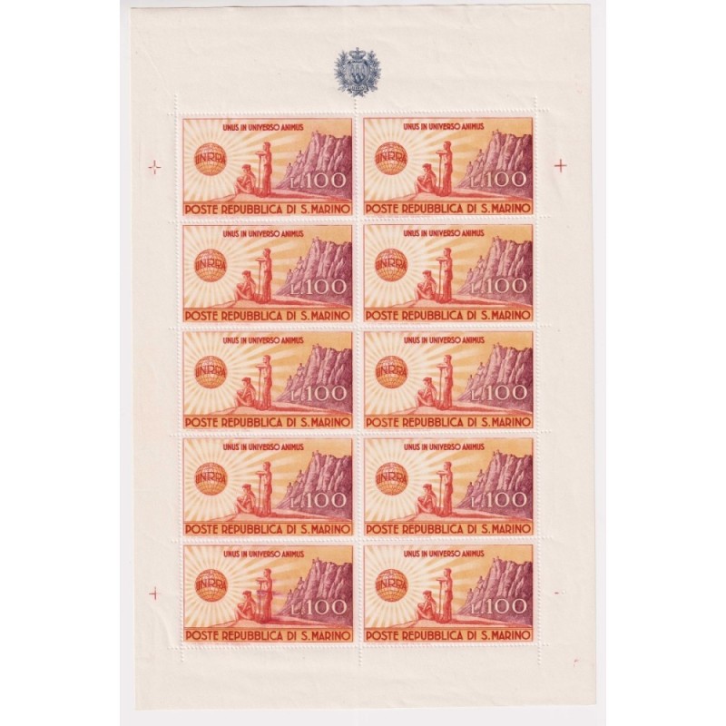 SAN MARINO 1946 MINIFOGLIO UNRRA 100 L. N.6 G.I MNH** CERT.  | Fila...