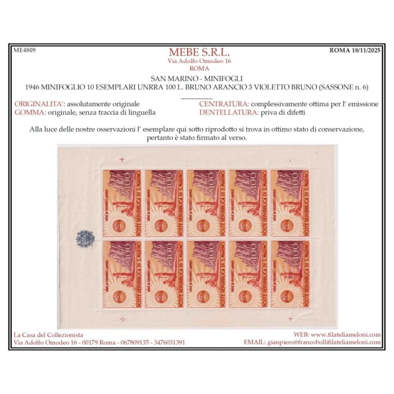 SAN MARINO 1946 MINIFOGLIO UNRRA 100 L. N.6 G.I MNH** CERT.  | Fila...