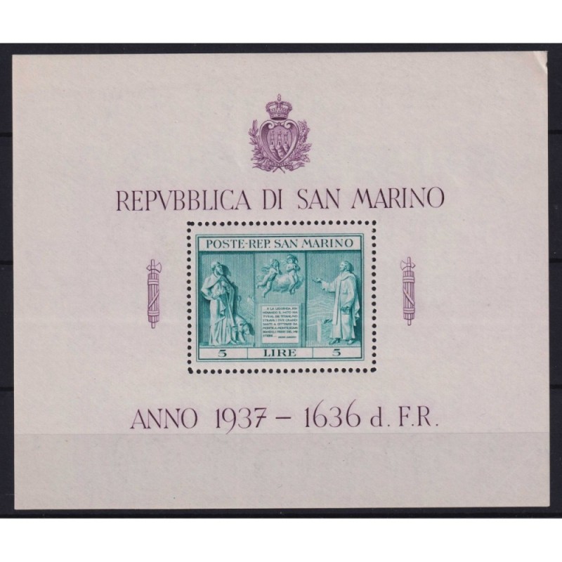 SAN MARINO 1937 FOGLIETTO INDIPENDENZA 5 L. N.1 G.I MNH**  | Filate...
