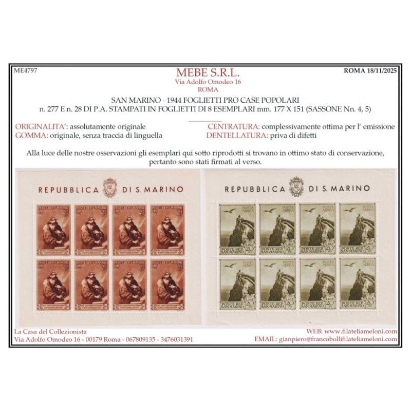SAN MARINO 1944 FOGLIETTI PRO CASE POPOLARI 2 V. N.4-5 G.I MNH** CE...