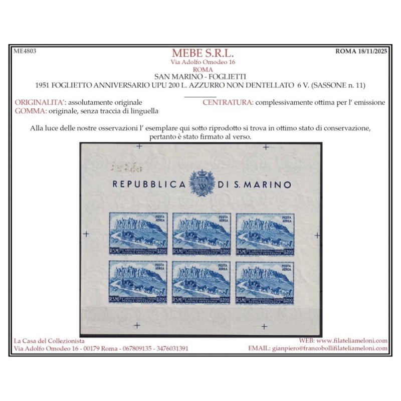 SAN MARINO 1951 FOGLIETTO UPU 200 L. NON DENTELLATO N.11 G.I MNH** ...