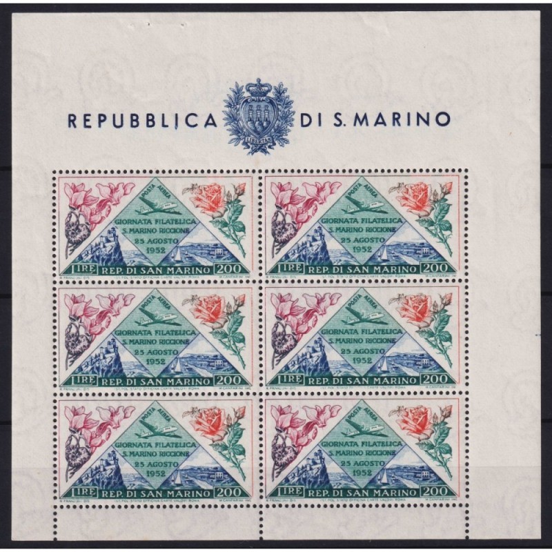 SAN MARINO 1952 FOGLIETTO GIORNATA FILATELICA RICCIONE FIORI N.14 G...