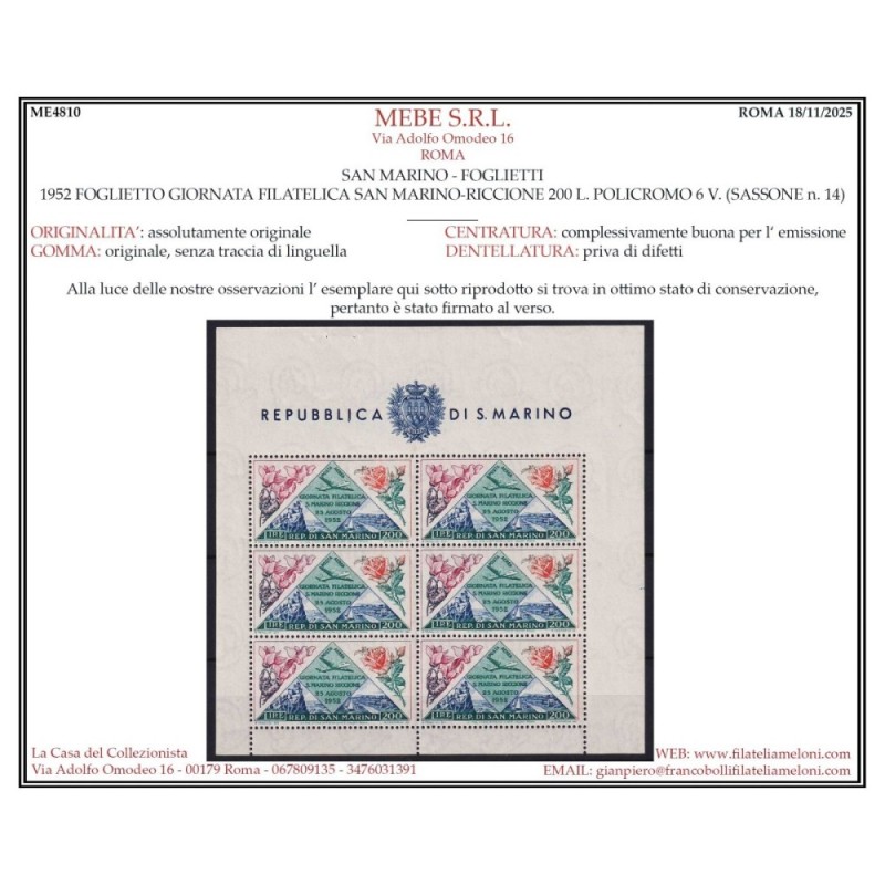 SAN MARINO 1952 FOGLIETTO GIORNATA FILATELICA RICCIONE FIORI N.14 G...