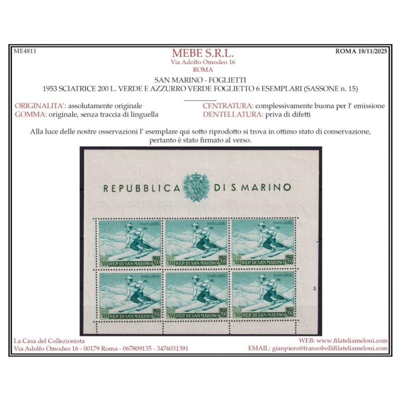 SAN MARINO 1953 FOGLIETTO SCIATRICE 200 L. N.15 G.I MNH** CERT.  | ...