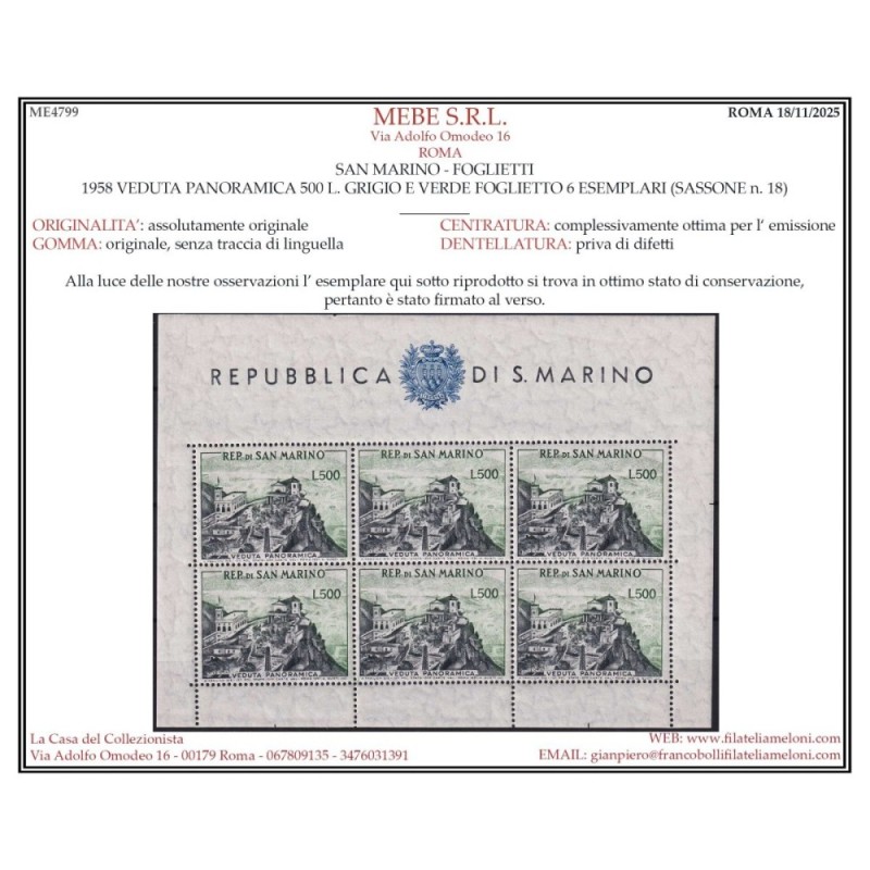 SAN MARINO 1958 FOGLIETTO VEDUTA 500 L. N.18 G.I MNH** CERT.  | Fil...