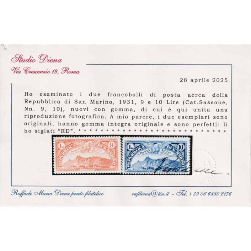 SAN MARINO 1931 POSTA AEREA VEDUTE 10 V. G.I MNH** CERT.  | Filatel...