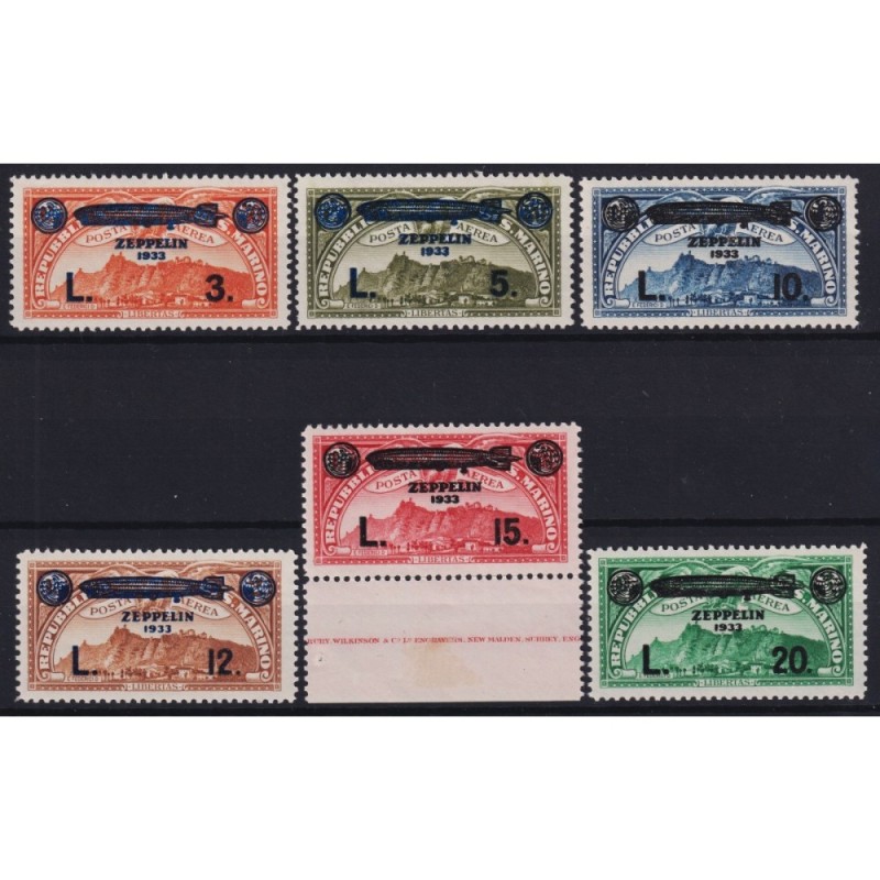 SAN MARINO 1933 POSTA AEREA CROCIERA ZEPPELIN 6 V. G.I MNH** CERT. ...