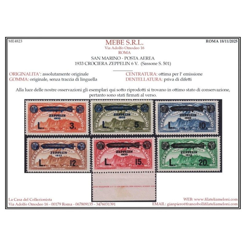 SAN MARINO 1933 POSTA AEREA CROCIERA ZEPPELIN 6 V. G.I MNH** CERT. ...