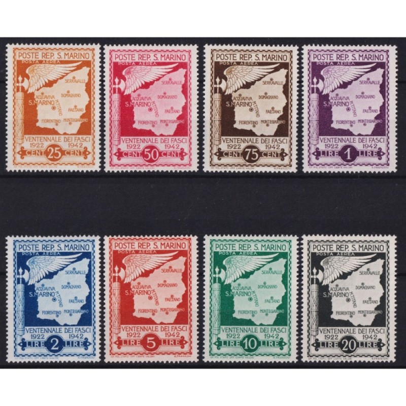 SAN MARINO 1943 POSTA AEREA VENTENNALE DEI FASCI 8 V. NON EMESSI G....
