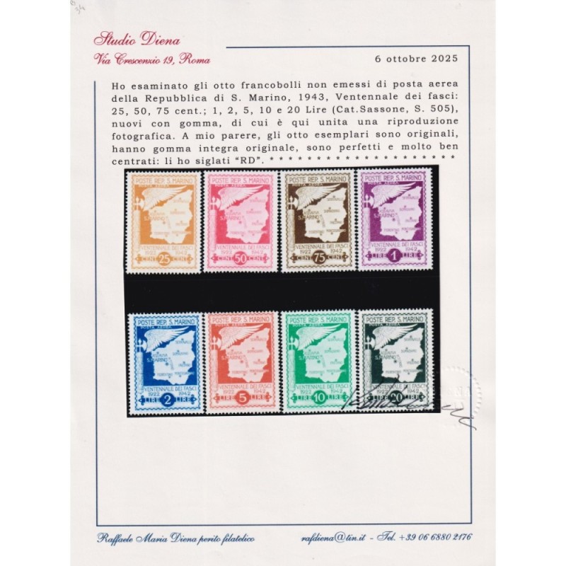 SAN MARINO 1943 POSTA AEREA VENTENNALE DEI FASCI 8 V. NON EMESSI G....