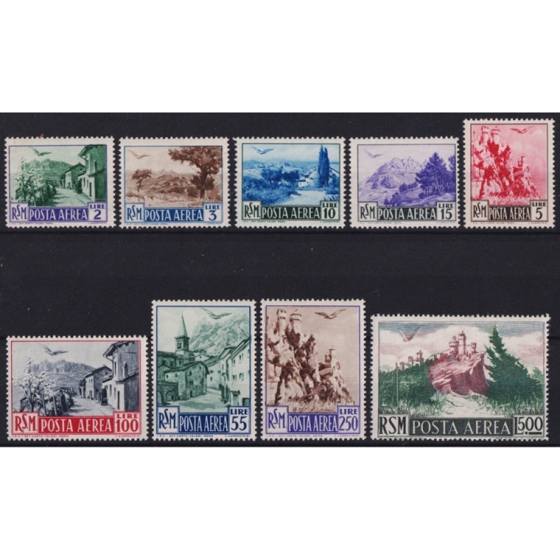 SAN MARINO 1950 POSTA AEREA VEDUTE 9 V. G.I MNH** CERT.  | Filateli...