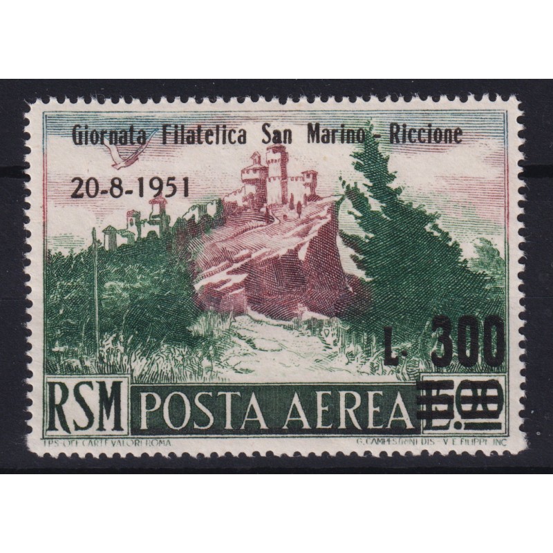 SAN MARINO 1951 POSTA AEREA VEDUTA 300 L. SU 500 L. N.98 G.I MNH** ...