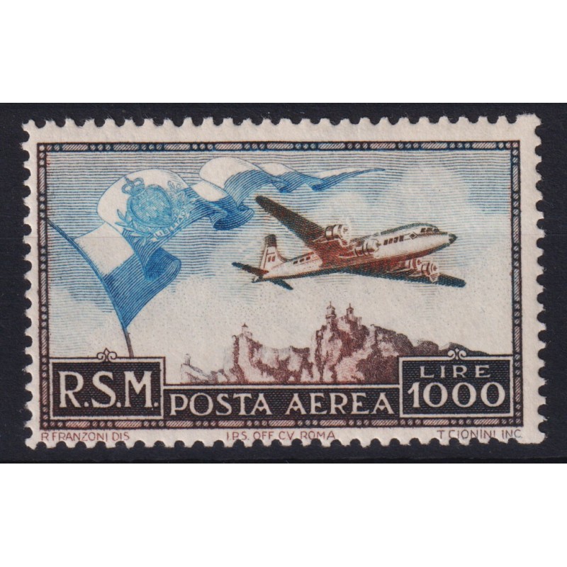 SAN MARINO 1951 POSTA AEREA BANDIERA 1000 LIRE N.99 G.I MNH** CERT....