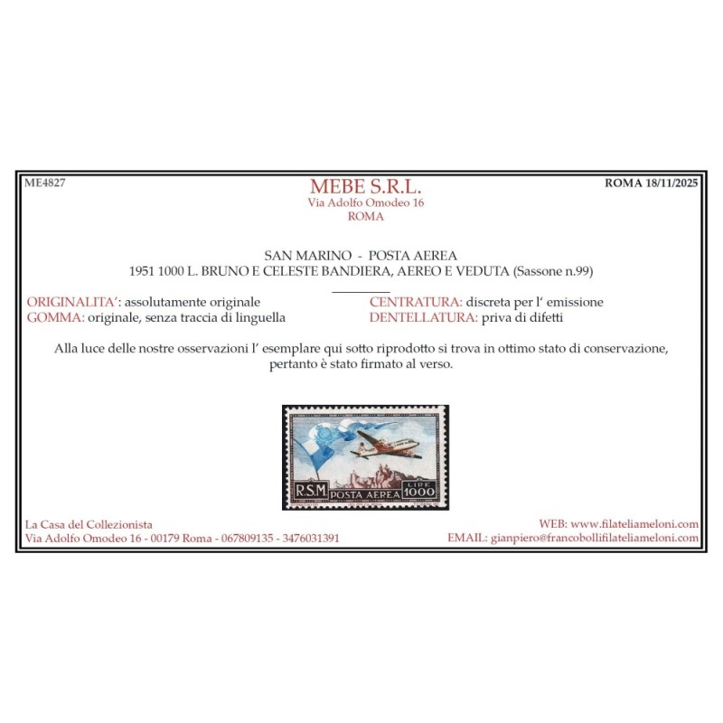 SAN MARINO 1951 POSTA AEREA BANDIERA 1000 LIRE N.99 G.I MNH** CERT....