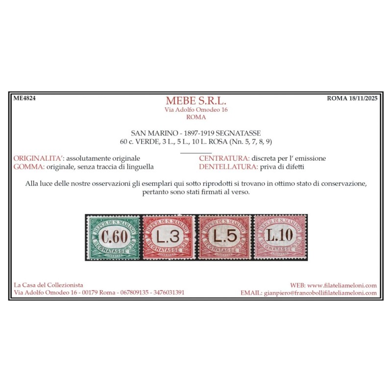 SAN MARINO 1897 – 1919 SEGNATASSE 9 VALORI N.1-9 G.I MNH** CERT.  |...