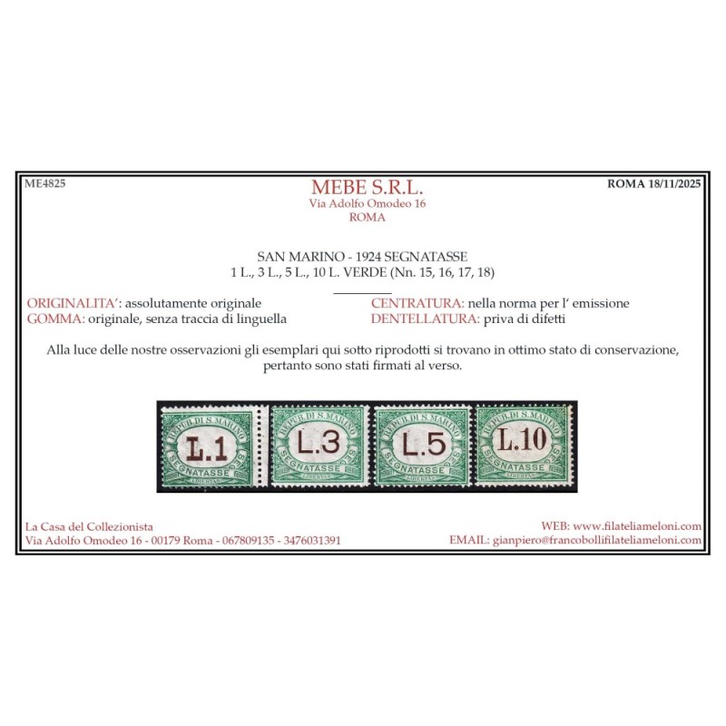 SAN MARINO 1924 SEGNATASSE 9 VALORI N.10-18 G.I MNH** CERT.  | Fila...