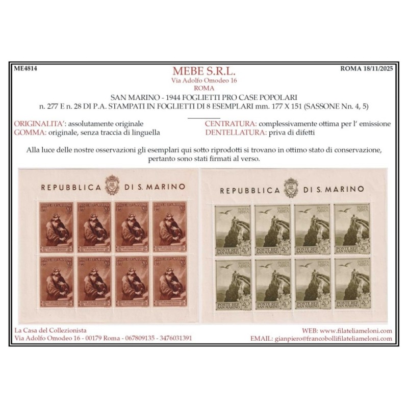 SAN MARINO 1944 FOGLIETTI PRO CASE POPOLARI 2 V. N.4-5 G.I MNH** CE...