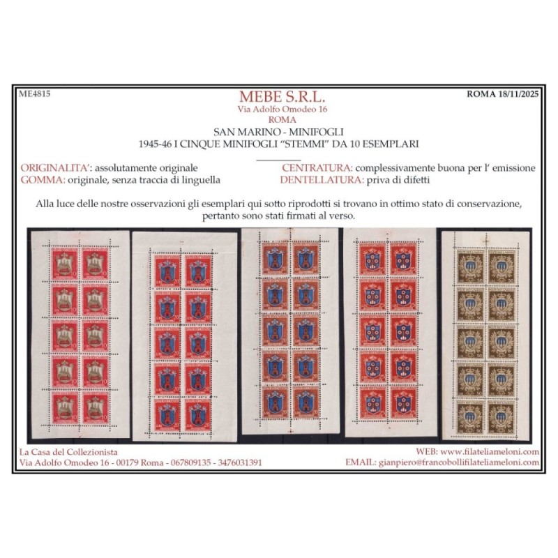 SAN MARINO 1945-46 MINIFOGLI STEMMI 5 V. N.1-5 G.I MNH** CERT.  | F...