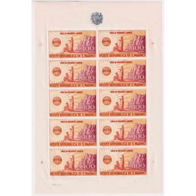 SAN MARINO 1946 MINIFOGLIO UNRRA 100 L. N.6 G.I MNH** CERT.  | Fila...