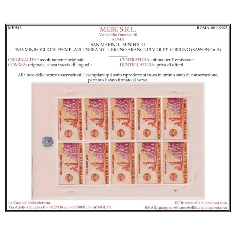 SAN MARINO 1946 MINIFOGLIO UNRRA 100 L. N.6 G.I MNH** CERT.  | Fila...