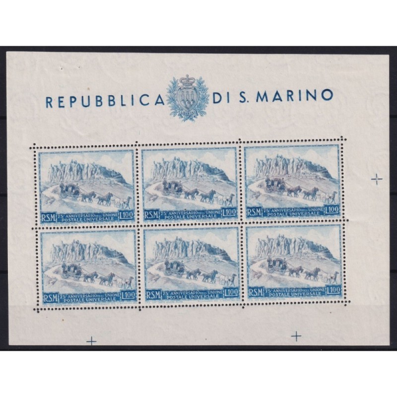 SAN MARINO 1949 FOGLIETTO UPU 100 L. N.8 G.O MLH*  | Filatelia Meloni