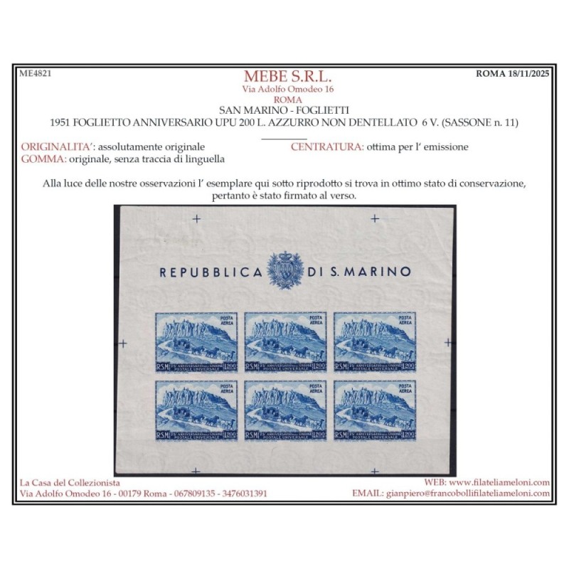 SAN MARINO 1951 FOGLIETTO UPU 200 L. NON DENTELLATO N.11 G.I MNH** ...