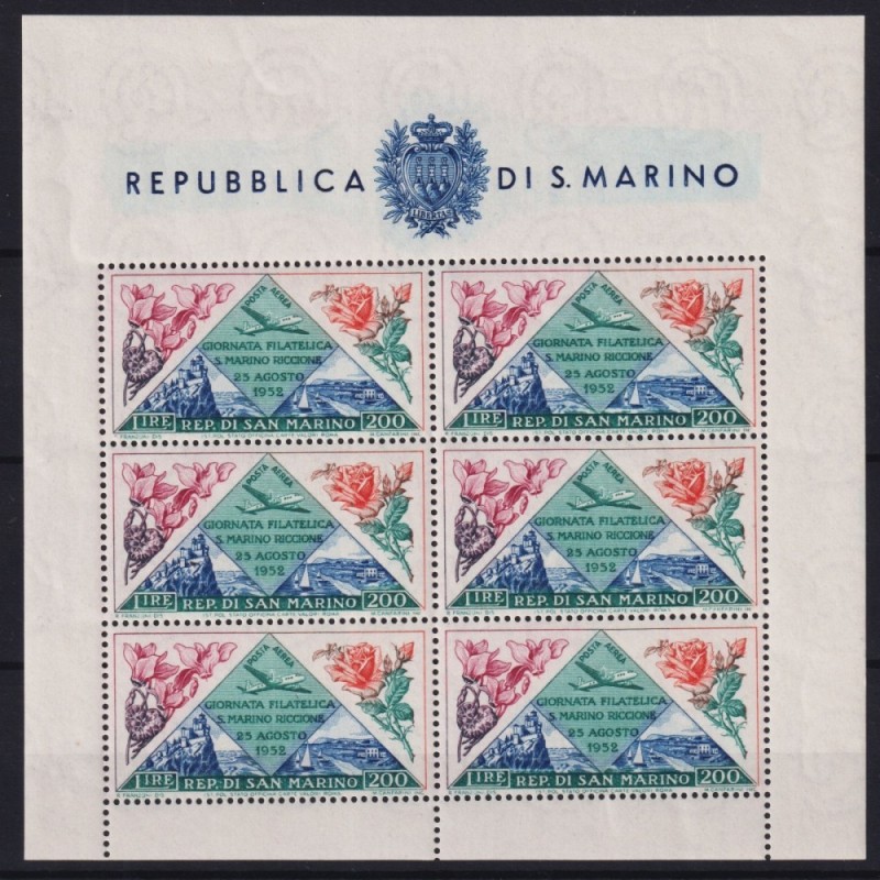 SAN MARINO 1952 FOGLIETTO GIORNATA FILATELICA RICCIONE FIORI N.14 G...