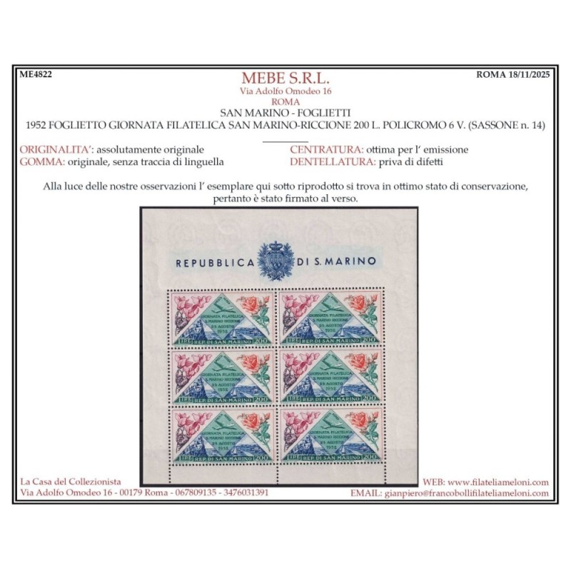 SAN MARINO 1952 FOGLIETTO GIORNATA FILATELICA RICCIONE FIORI N.14 G...