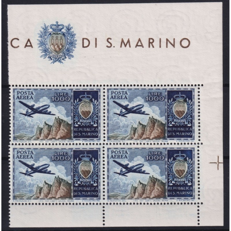 SAN MARINO 1954 POSTA AEREA QUARTINA BANDIERINO 1000 L . N.112 G.I ...