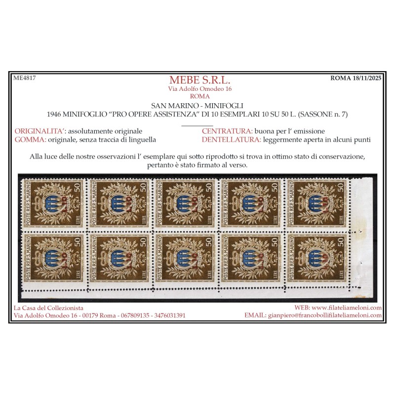 SAN MARINO 1946 MINIFOGLIO PRO OPERE ASSISTENZA N.7 G.I MNH** CERT....