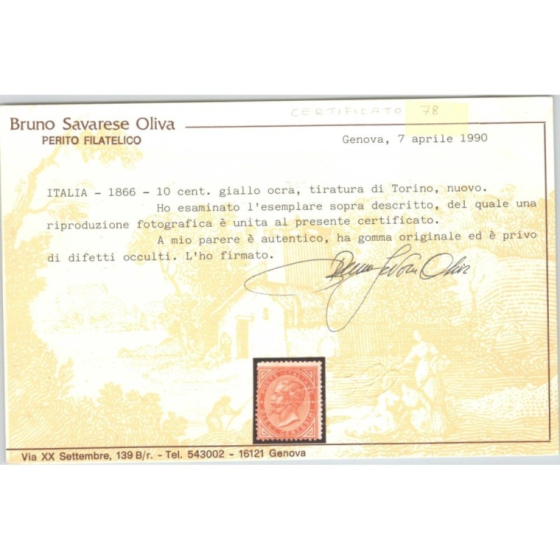 REGNO D'ITALIA 1863-65 10 CENTESIMI TORINO N.T17 G.O MH* CERT.  | F...