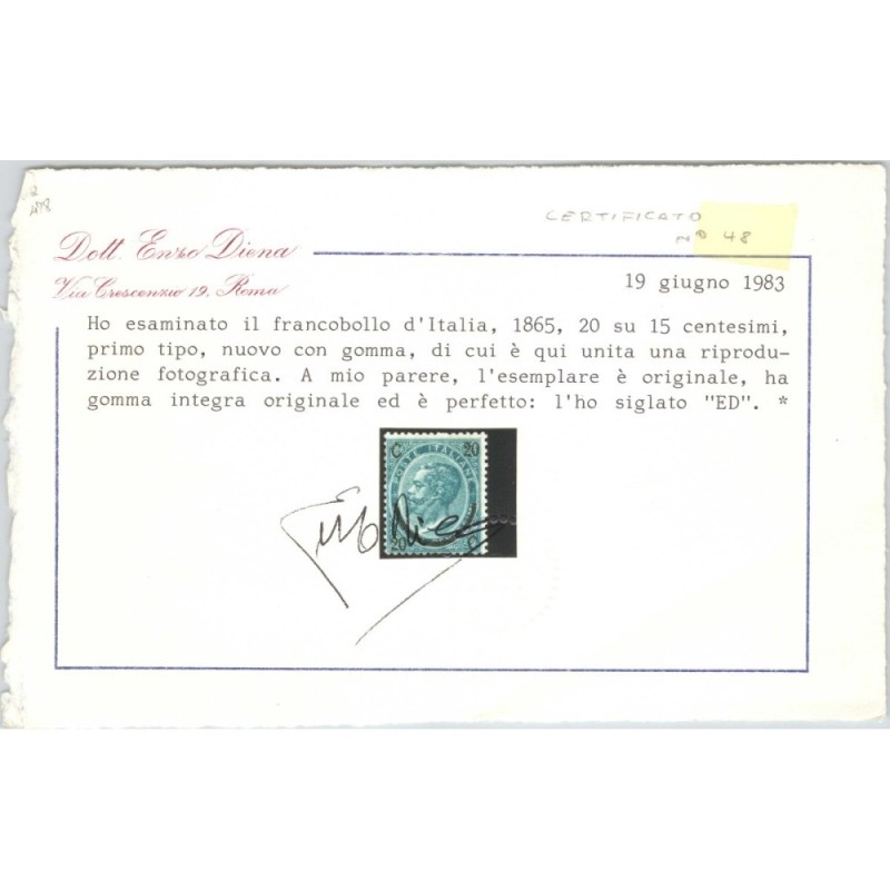 REGNO D'ITALIA 1865 FERRO DI CAVALLO I TIPO N.23 G.I MNH** CERT.  |...