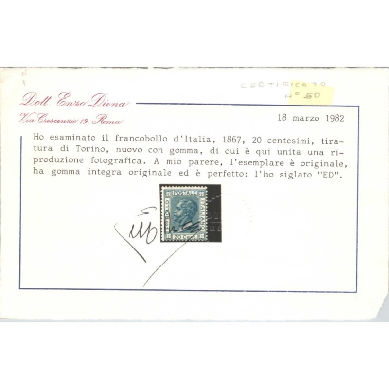 REGNO D'ITALIA 1867 20 CENTESIMI TORINO N.T26 G.I MNH** CERT.  | Fi...