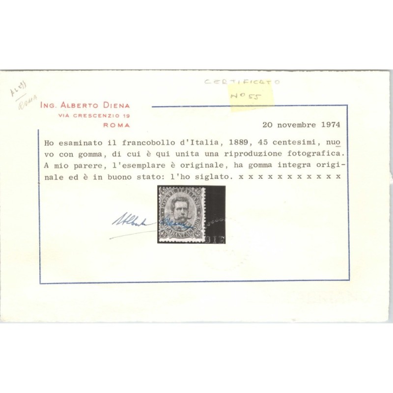 REGNO D'ITALIA 1889 UMBERTO I 45 CENTESIMI N.46 G.I MNH** 2 CERT.  ...