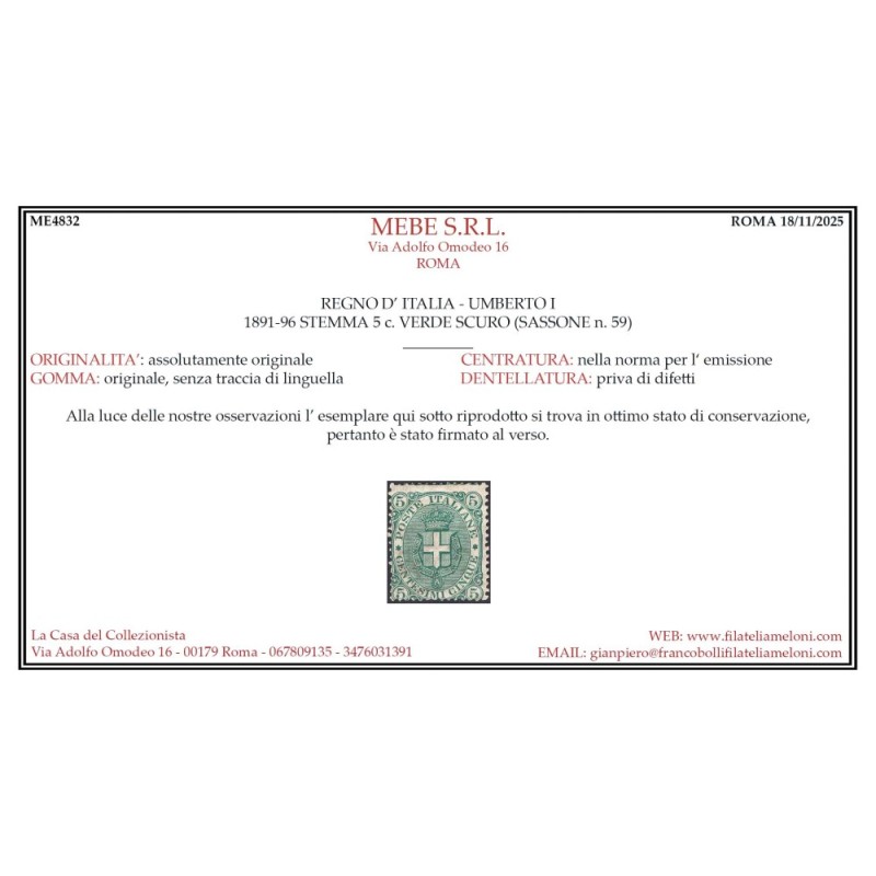 REGNO D'ITALIA 1891-96 STEMMA E UMBERTO 6 V. G.I MNH** CERT.  | Fil...