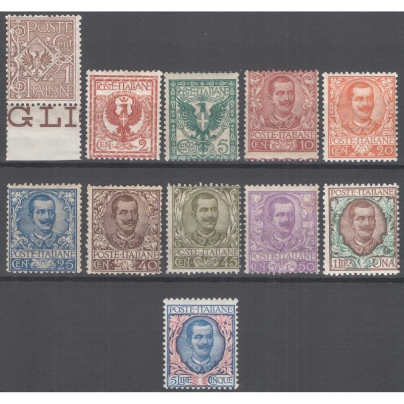 REGNO D'ITALIA 1901 FLOREALE 11 VALORI G.I MNH** / G.O MH* CERT.  |...