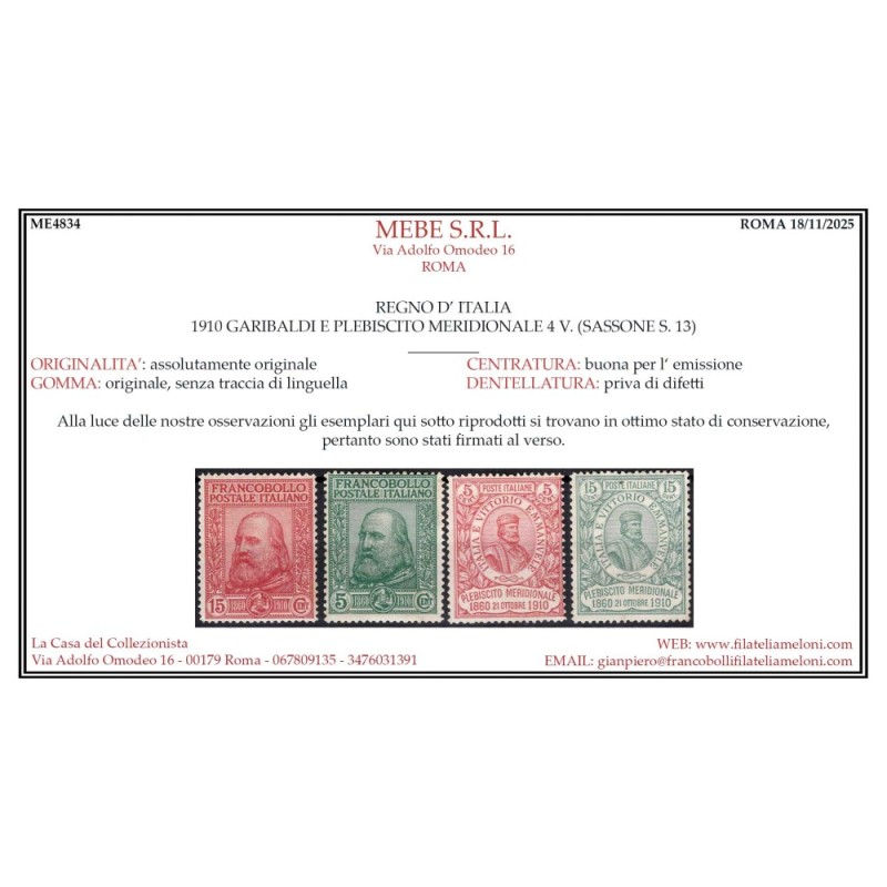 REGNO D'ITALIA 1910 RISORGIMENTO GARIBALDI 4 V. G.I MNH** CERT.  | ...